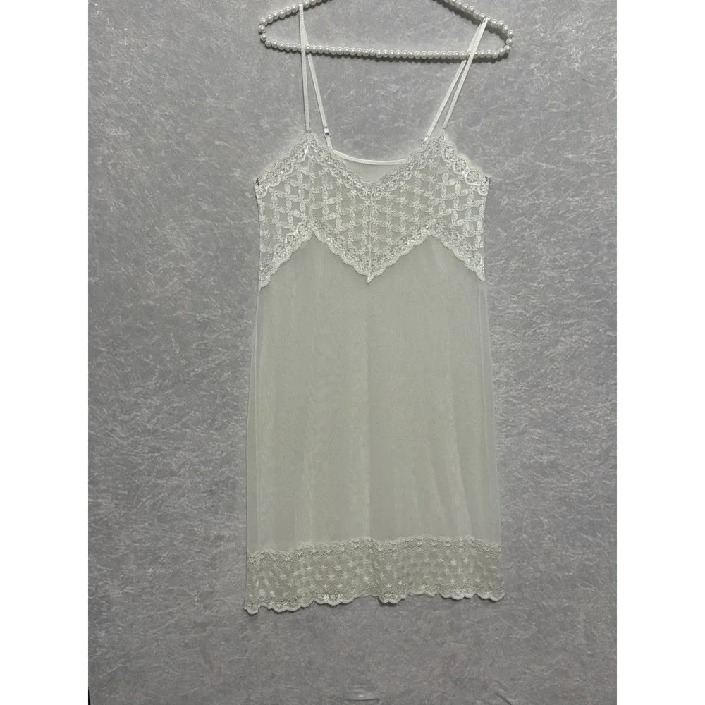 Vintage Leona White Sheer Lace Mesh Slip Dress Nightgown Lingerie Bridal Size S - Picture 4 of 8